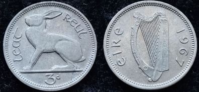 [#422] - Ireland 1967 | 3 Pence | Irish 3d | Hare | KM.12a | MS