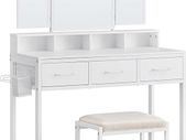 Dressing Table with Padded Stool, Dressing Table with Triple Mirror, 3 Drawers, Hair Dryer Holder, Cosmetic Table, Modern Style, White