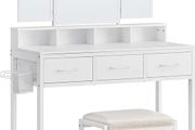 Dressing Table with Padded Stool, Dressing Table with Triple Mirror, 3 Drawers, Hair Dryer Holder, Cosmetic Table, Modern Style, White