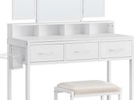 main image for ad Dressing Table with Padded Stool, Dressing Table with Triple Mirror, 3 Drawers, Hair Dryer Holder, Cosmetic Table, Modern Style, White