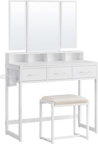 Dressing Table with Padded Stool, Dressing Table with Triple Mirror, 3 Drawers, Hair Dryer Holder, Cosmetic Table, Modern Style, White