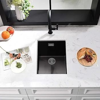 Black Kitchen Sink, 30X40CM Small Sink Stainless Steel Single Bowl, BoomHoze Outdoor Campervan with Overflow, Drainer Fittings, Undermount, Top Mount, Drop in Flushmount Installation, Black