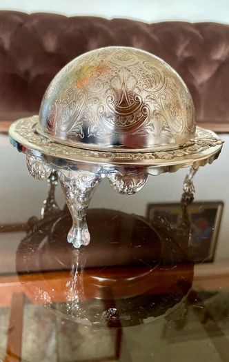 Vintage Silver Colour Roll Top Butter Dish with Glass Insert or Ornate Caviar Server
