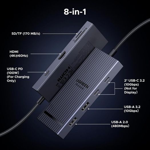 USB C Hub, 8-in-1 4K@60Hz HDMI to USB-C Adapter, 170MB/s microSD SD Card Reader, 3x 10Gbps USB-A/C Ports, 100W PD, 30cm Cable, Aluminum Compact USB Hub for MacBook, HP, Dell, iPad Pro