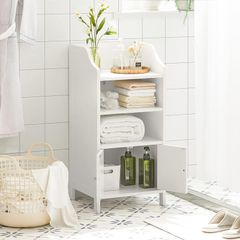 White Freestanding Bathroom Cabinet with Shelves and Cupboard