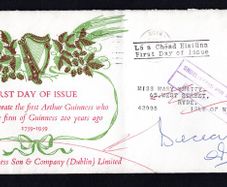 1959 Ireland Bicentenary of the Foundation of the Guinness Brewery in Dublin Commemorative Stamp envelope with First Day Cover of 3p (FDC). Issued to shareholders. Interesting in that undeliverable as the address had deceased. Reverse cancel of Isle of Wi