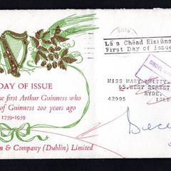 1959 Ireland Bicentenary of the Foundation of the Guinness Brewery in Dublin Commemorative Stamp envelope with First Day Cover of 3p (FDC). Issued to shareholders. Interesting in that undeliverable as the address had deceased. Reverse cancel of Isle of Wi