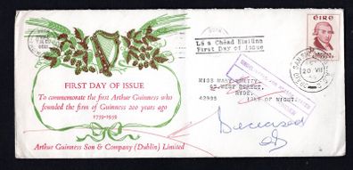 1959 Ireland Bicentenary of the Foundation of the Guinness Brewery in Dublin Commemorative Stamp envelope with First Day Cover of 3p (FDC). Issued to shareholders. Interesting in that undeliverable as the address had deceased. Reverse cancel of Isle of Wi