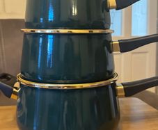 Teflon three piece saucepan set green & gold