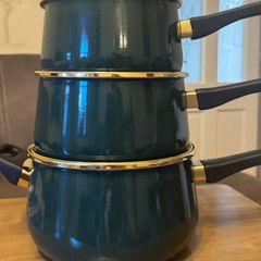 Teflon three piece saucepan set green & gold