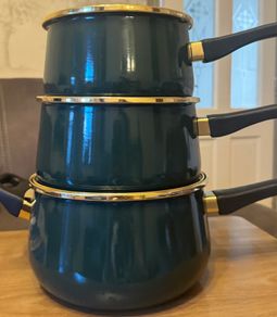 Teflon three piece saucepan set green & gold
