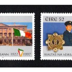 1997 Ireland 75th Anniversary of the State (32p Parliament/ Irish Flag & Soldiers/ UN Flag + 52p Four Courts & Garda) Commemorative Stamps Mint Never Hinged (MNH)