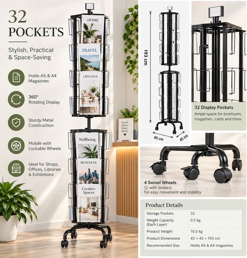 32 Pocket Rotating Magazine and Brochure Display Stand 193cm Mobile Retail Rack