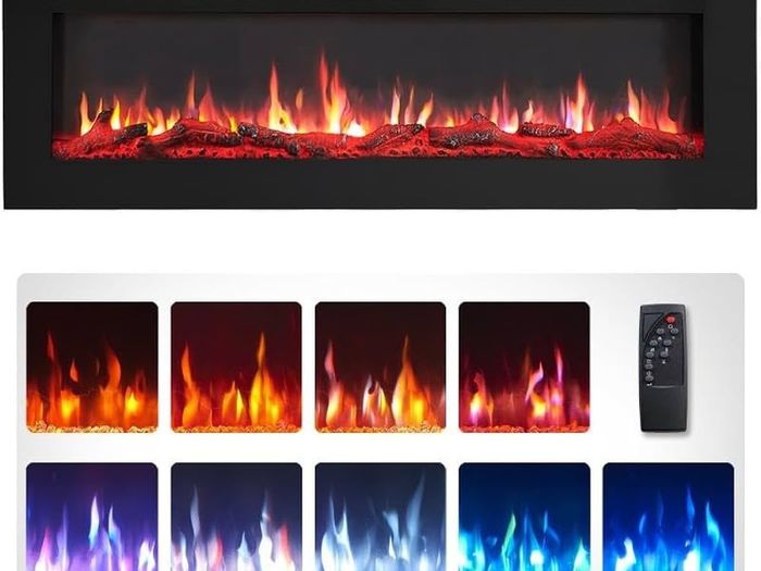 SALE FlameKo Wilton 50''/127cm 3 in 1 Electric Fireplace, Freestanding, Wall Mounted, Recessed, 9 Colour Flame Effect, Media Wall Compatible, 900W - 1800W Heater, Remote Control, Black