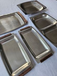 Vintage Danish 18/8 stainless steel & teak serving trays