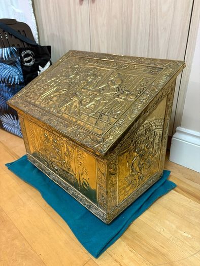 Vintage antique embossed brass fireside log box, coal box