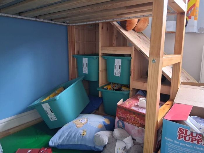 ikea kura kids bed with led lights, storage at end and mattresses