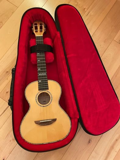 Mr. Mai all solid spruce and spalted maple tenor ukulele with deluxe case. NEW