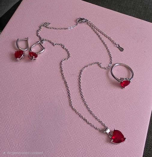 Sterling silver red heart drop earrings ring and pendant necklace set  New