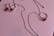 Sterling silver red heart drop earrings ring and pendant necklace set  New