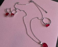 Sterling silver red heart drop earrings ring and pendant necklace set  New