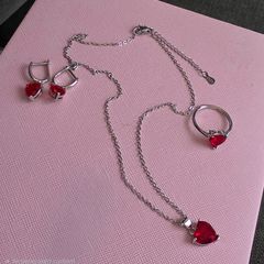 Sterling silver red heart drop earrings ring and pendant necklace set  New