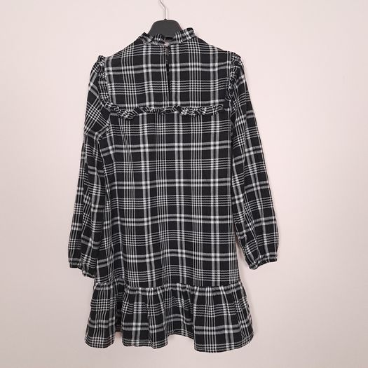 Nobody's Child Black White Plaid Checkered Ruffle High Neck Long Sleeve Mini Dress 10UK/38EU
