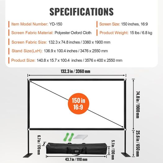 Outdoor Indoor  Movie Screen with Stand, 150" Portable Movie Screen, 16:9 HD Wide Angle Outdoor Projector Screen, Front & Rear Projection, with Storage Bag & Stand for Office Home Theater Outdoor Indoor