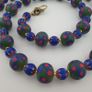 Antique Venetian Style Green Thosuand Eyes Glass & Blue Chevron Glass Beads Necklace Image 3