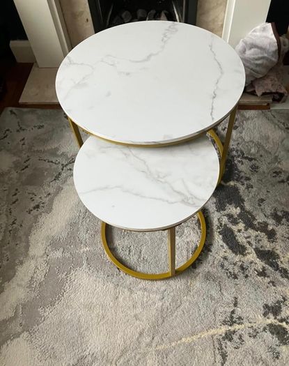 Round Coffee Tables, Removable Set of 2 End Table, Nesting Tables with Gold Metal Frame Legs and Marble White Top for Living Room, Bedroom, Office, Balcony, Apartment (FREE SHIPPING)