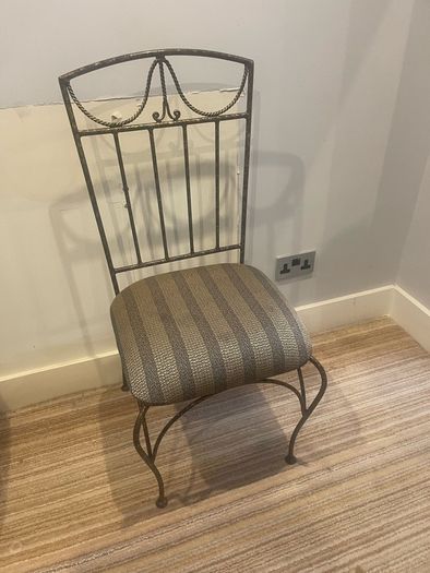 Handmade wrought iron dining chairs with silk seats x 6