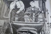 Laurel and Hardy driving framed Print black and white.