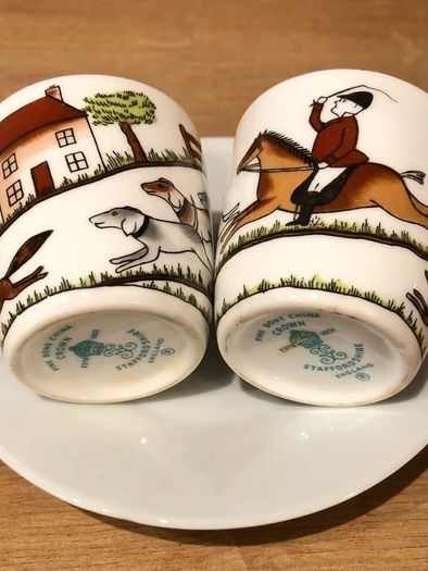 Vintage Crown Staffordshire Hunting Scene Bone China Egg Cups Pair - Perfect Condition