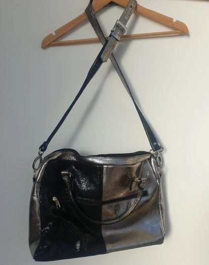Genuine leather black and silver satchel messenger bag with adjustable strap