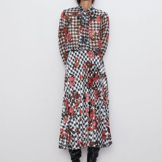 Zara Multicoloured Houndstooth & Floral Print Pleated Flowing Midi Skirt  Xs