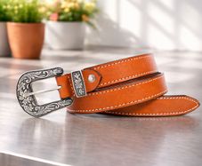 Unisex Premium Tan Genuine Leather Belt Vintage Engraved Silver Buckle