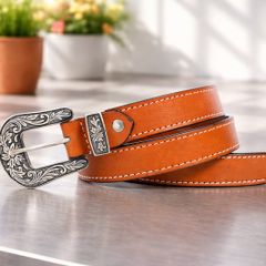 Unisex Premium Tan Genuine Leather Belt Vintage Engraved Silver Buckle