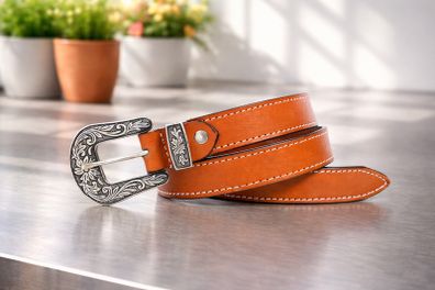 Unisex Premium Tan Genuine Leather Belt Vintage Engraved Silver Buckle