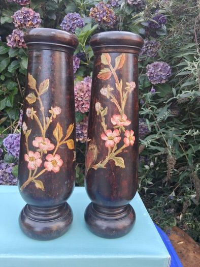 Stunning Pair Of Hand Painted Art Nouveau Hardwood  Candlesticks 12"