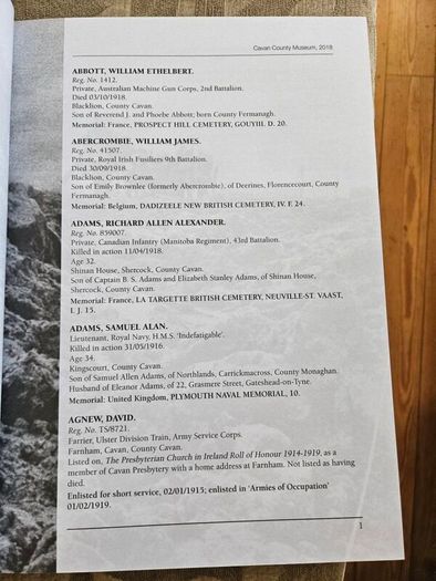 A First World War Centenary  Roll Of Honour For County Cavan. By Michael Finnegan. First Edition Large Volume Hardback In Very Good Condition.  See Photos For Same.