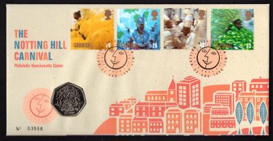 1998 Great Britain The Notting Hill Carnival Philatelic Numismatic Cover (PNC) including 50p Coin & Commemorative Stamp Set