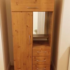 Pine finish Combination wardrobe with hanging  space, closed & open shelving, mirror, 3 lower drawers