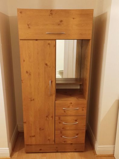 Pine finish Combination wardrobe with hanging  space, closed & open shelving, mirror, 3 lower drawers