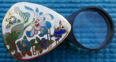 Vintage Pendant, Magnifying Glass, Asian Chinese Enamel,  Flowers