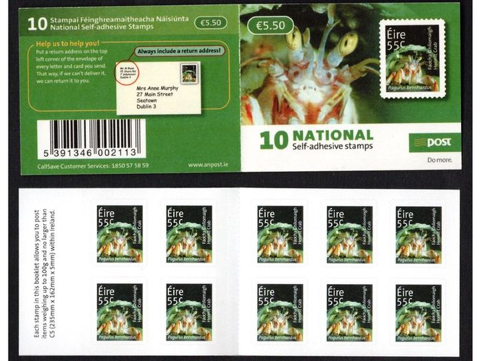 2011 Ireland Hermit Crab Self-adhesive Stamp Booklet Mint Never Hinged