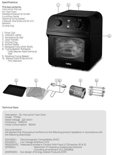 Tower T17065 Vortx 12 Litre Air Fryer Oven