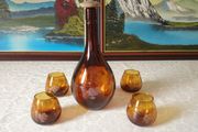 For Collectors Rare Vintage 5 Piece J. Albinana Oleria Spain Etched Amber Decanter With Matching Amber Wine Glasses Set