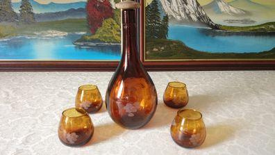 For Collectors Rare Vintage 5 Piece J. Albinana Oleria Spain Etched Amber Decanter With Matching Amber Wine Glasses Set