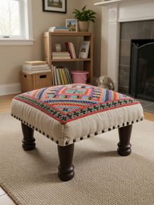 Embroidered Cotton Pouf Foot Stool