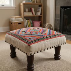 Embroidered Cotton Pouf Foot Stool